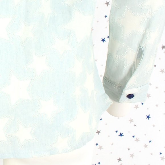 Star Pattern Distressed Button Up Denim Shirt - Picture 9 of 13